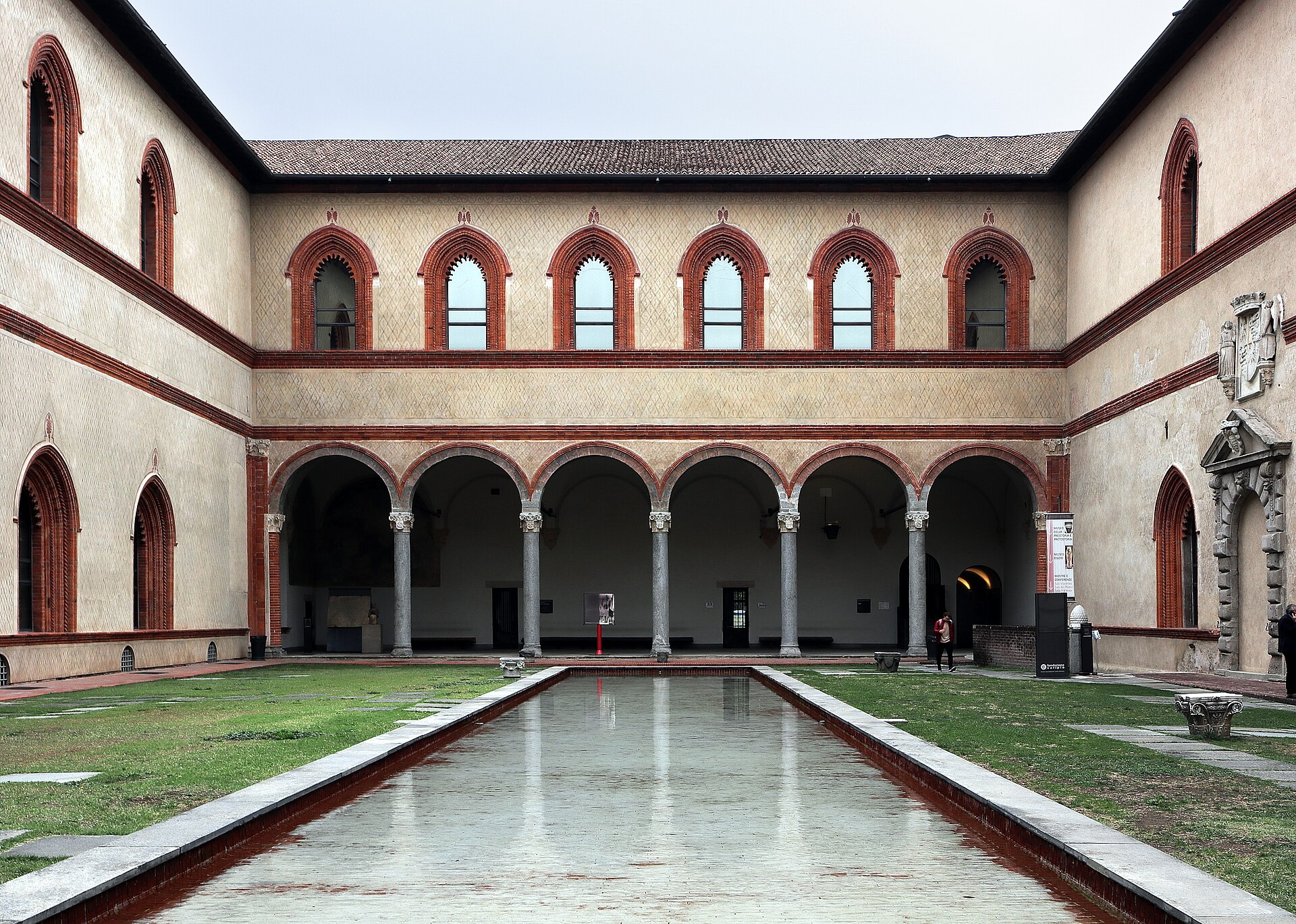 Innergården i Castello Sforzesco med arkader och vattenspegel